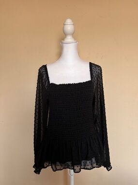 Moa Moa Black Swiss Dot Smocked Peplum Blouse